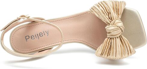 Womens Bow Knot Heeled Sandal Pleated Ankle Strap Square Toe Mid Kitten Heels Bride Wedding Party Dress Party Shoes in Kuwait