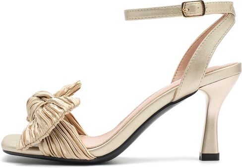 Womens Bow Knot Heeled Sandal Pleated Ankle Strap Square Toe Mid Kitten Heels Bride Wedding Party Dress Party Shoes in Kuwait