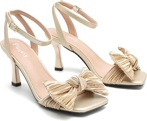 Womens Bow Knot Heeled Sandal Pleated Ankle Strap Square Toe Mid Kitten Heels Bride Wedding Party Dress Party Shoes in Kuwait