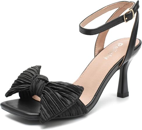 Womens Bow Knot Heeled Sandal Pleated Ankle Strap Square Toe Mid Kitten Heels Bride Wedding Party Dress Party Shoes in Kuwait