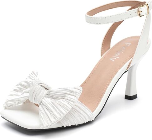 Womens Bow Knot Heeled Sandal Pleated Ankle Strap Square Toe Mid Kitten Heels Bride Wedding Party Dress Party Shoes in Kuwait