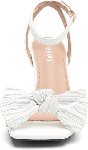 Womens Bow Knot Heeled Sandal Pleated Ankle Strap Square Toe Mid Kitten Heels Bride Wedding Party Dress Party Shoes in Kuwait