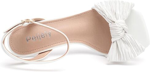 Womens Bow Knot Heeled Sandal Pleated Ankle Strap Square Toe Mid Kitten Heels Bride Wedding Party Dress Party Shoes in Kuwait