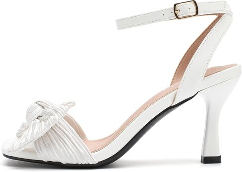 Womens Bow Knot Heeled Sandal Pleated Ankle Strap Square Toe Mid Kitten Heels Bride Wedding Party Dress Party Shoes in Kuwait