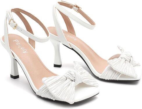 Womens Bow Knot Heeled Sandal Pleated Ankle Strap Square Toe Mid Kitten Heels Bride Wedding Party Dress Party Shoes in Kuwait