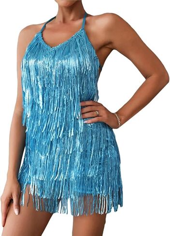 ترتر Fringe Dress Frickless V-Neck Vintage Tassel Mini Women Evening Party Bodycon Dresses Night Club in Kuwait
