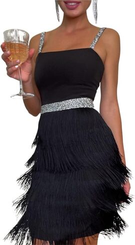 Sequin Fringe Dress Summer Women's Clothing Solid Color Sequined Suspender Tassel Dress Mini in Kuwait