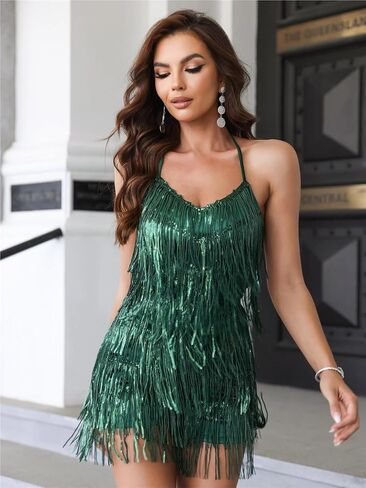 ترتر فستان فستان V-neck Halter مع Culottes Party Night Culottes مع نساء Romper Fringe in Kuwait