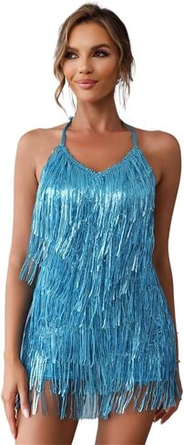 ترتر فستان فستان V-neck Halter مع Culottes Party Night Culottes مع نساء Romper Fringe in Kuwait