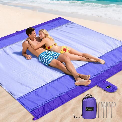 PTEROMY Beach Blanket Waterproof Sandproof, Extra Large Beach Mat with Storage Bag, Quick Drying Lightweight, 6 Stakes, Beach Accessories for Picnic, Travel (9x10 FT, Blue) in Saudi Arabia
