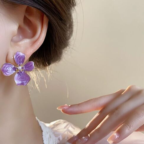 Flower Stud Earrings Cute Shimmer Flower Drop Earrings Trendy Fashion Pearl Statement Earrings Chic Sweet Enamel Floral Earrings for Women Mom Holiday Wedding Birthday Jewelry Gift in Saudi Arabia