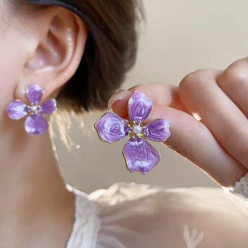Flower Stud Earrings Cute Shimmer Flower Drop Earrings Trendy Fashion Pearl Statement Earrings Chic Sweet Enamel Floral Earrings for Women Mom Holiday Wedding Birthday Jewelry Gift in Saudi Arabia