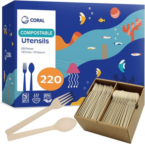 CORAL 100% Compostable Spoons & Forks Set 220 Pieces - No Plastic Cutlery 110 Forks, 110 Soup Spoons - Break-Resistant with Smooth Edges, Ocean Friendly Alternative to Plastic Utensils - Biodegradable in Kuwait