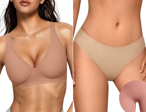 OEAK Womens Deep V Bras Wireless Latte & Womens Cotton Thongs Seamless Nude M in Saudi Arabia