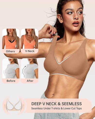 OEAK Womens Deep V Bras Wireless Latte & Womens Cotton Thongs Seamless Nude M in Saudi Arabia