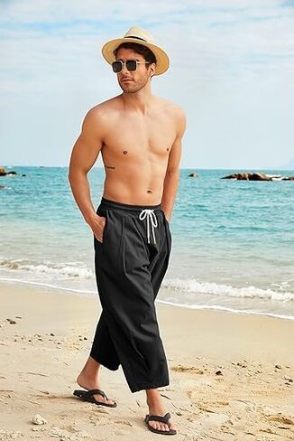 COOFANDY Men's Cotton Linen Harem Pants Drawstring Casual Cropped Trousers Lightweight Loose Beach Yoga Pants with Pockets in Kuwait