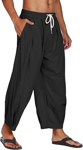COOFANDY Men's Cotton Linen Harem Pants Drawstring Casual Cropped Trousers Lightweight Loose Beach Yoga Pants with Pockets in Kuwait