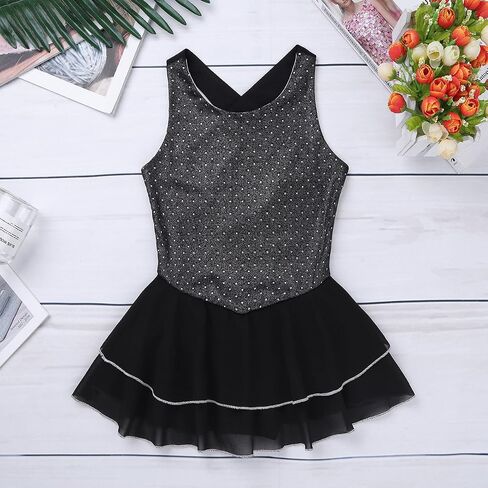 iiniim Kids Girls Ruffled Rhinestone Ice Skating Dress Ballet Dance Outfit Cross Back Gymnastics Leotard Clothes in Saudi Arabia