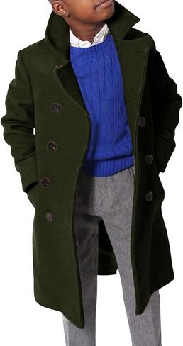 Boys Notch Lapel Double Breasted Jacket Long Trench Dress Coat Casual Classic Peacoat in Saudi Arabia