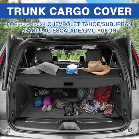 Autorder Cargo Cover for 2021-2024 Chevrolet Tahoe/Suburban/Cadillac Escalade/GMC Yukon Accessories Upgraded Trunk Cover with Extra Storage Net Carbon Fiber Retractable Security Shield Shade in Saudi Arabia