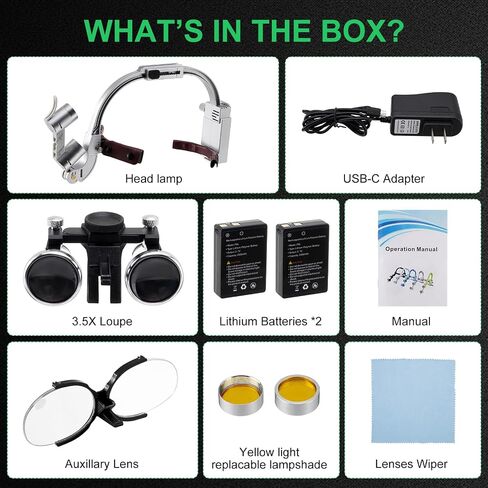 Head-Mounted Dental Loupes with LED Headlamp 2.5X/3.5X Magnification, Dual Rechargeable Batteries & Ergnomic Design for Clear Vision and Comfortable Use in Kuwait