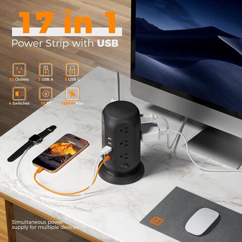 Tower Power Strip with Individual Switches, TESSAN Surge Protector with 12 Outlets, 5 USB Ports(2 USB C), Flat Extension Cord 10 Ft, Flat Plug, Charging Station for Multiple Devices, for Office, Dorm in Saudi Arabia