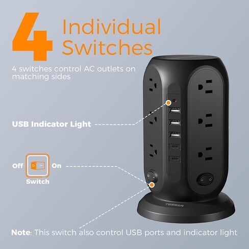 Tower Power Strip with Individual Switches, TESSAN Surge Protector with 12 Outlets, 5 USB Ports(2 USB C), Flat Extension Cord 10 Ft, Flat Plug, Charging Station for Multiple Devices, for Office, Dorm in Saudi Arabia