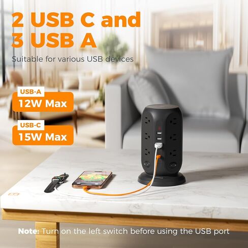 Tower Power Strip with Individual Switches, TESSAN Surge Protector with 12 Outlets, 5 USB Ports(2 USB C), Flat Extension Cord 10 Ft, Flat Plug, Charging Station for Multiple Devices, for Office, Dorm in Saudi Arabia