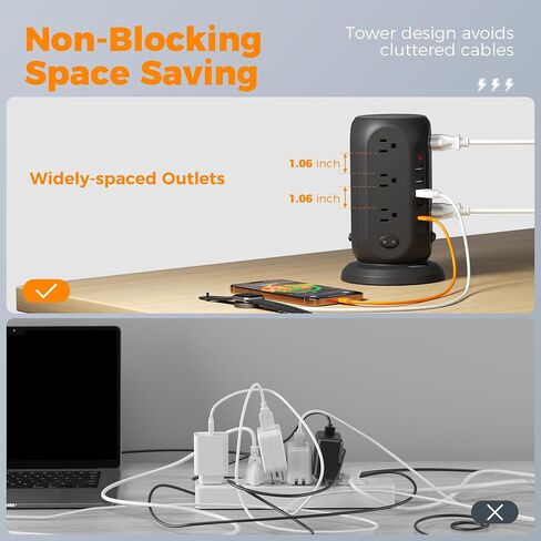 Tower Power Strip with Individual Switches, TESSAN Surge Protector with 12 Outlets, 5 USB Ports(2 USB C), Flat Extension Cord 10 Ft, Flat Plug, Charging Station for Multiple Devices, for Office, Dorm in Saudi Arabia
