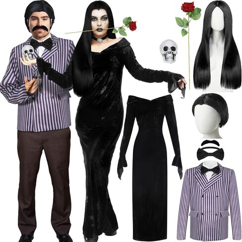 Xtinmee 8 Pcs Couples Halloween Cosplay Costume Gothic Witch Black Long Dress Straight Wig Striped Blazer Mustache Men Women in Saudi Arabia