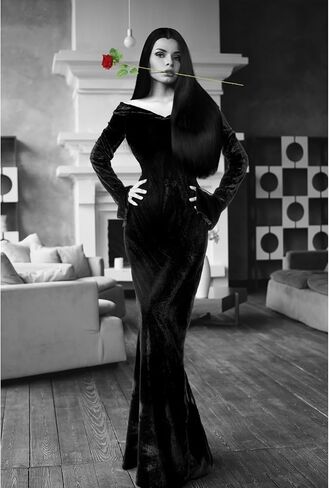 Xtinmee 8 Pcs Couples Halloween Cosplay Costume Gothic Witch Black Long Dress Straight Wig Striped Blazer Mustache Men Women in Saudi Arabia