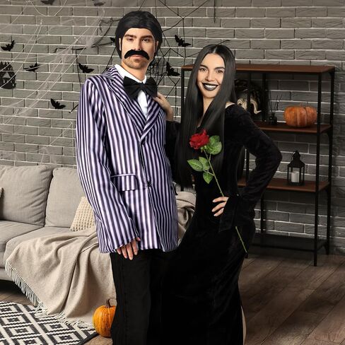Xtinmee 8 Pcs Couples Halloween Cosplay Costume Gothic Witch Black Long Dress Straight Wig Striped Blazer Mustache Men Women in Saudi Arabia
