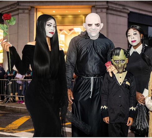 Xtinmee 8 Pcs Couples Halloween Cosplay Costume Gothic Witch Black Long Dress Straight Wig Striped Blazer Mustache Men Women in Saudi Arabia