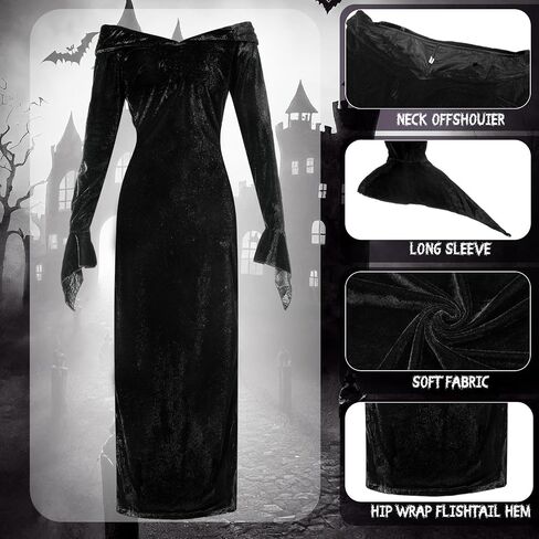 Xtinmee 8 Pcs Couples Halloween Cosplay Costume Gothic Witch Black Long Dress Straight Wig Striped Blazer Mustache Men Women in Saudi Arabia