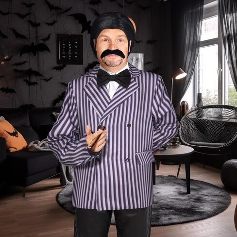 Xtinmee 8 Pcs Couples Halloween Cosplay Costume Gothic Witch Black Long Dress Straight Wig Striped Blazer Mustache Men Women in Saudi Arabia