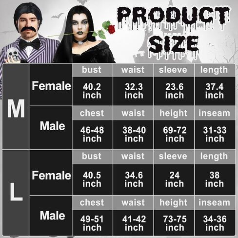 Xtinmee 8 Pcs Couples Halloween Cosplay Costume Gothic Witch Black Long Dress Straight Wig Striped Blazer Mustache Men Women in Saudi Arabia