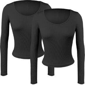 2 Pack Stretch Long Sleeve Workout Tops for Women, Ribbed Scoop Neck Yoga Shirts (Available in Plus) in Kuwait