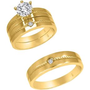 Trio Rings Set 14k Yellow Gold- 3-Piece Wedding Engagement Rings Band for Her and Him - Round Cubic Zirconia CZ for Couple Mens and Women - Anillos de Matrimonio. in Saudi Arabia