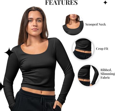 2 Pack Stretch Long Sleeve Workout Tops for Women, Ribbed Scoop Neck Yoga Shirts (Available in Plus) in Kuwait