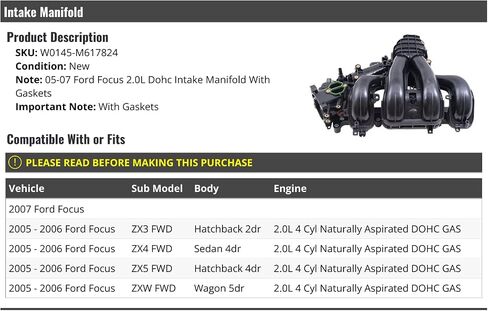 مشعب المدخول مع الحشيات-متوافق مع 2005-2007 Ford Focus 2.0L 4 أسطوانات الطبيعية غاز DOHC W0145-M617824 in Saudi Arabia