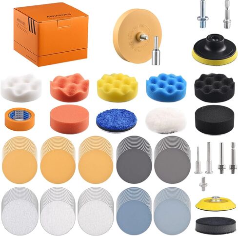98Pack 3 Inch Car Buffer Polisher Kit with 5/16" & 1/4" Shanks for Sanding, Polishing, Waxing, Sealing Glaze,Sanding Pads includes P1000-3000 for Drill Attachment in Kuwait