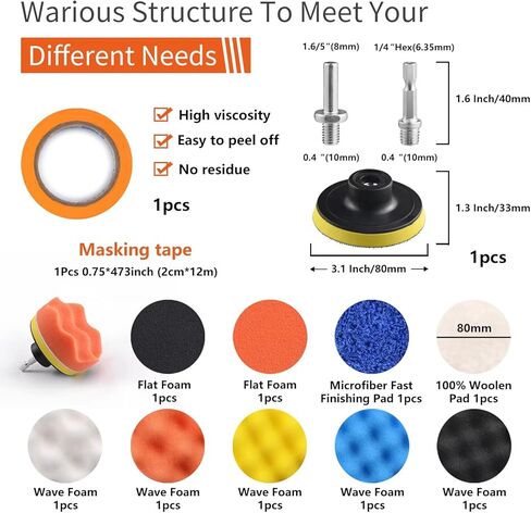 98Pack 3 Inch Car Buffer Polisher Kit with 5/16" & 1/4" Shanks for Sanding, Polishing, Waxing, Sealing Glaze,Sanding Pads includes P1000-3000 for Drill Attachment in Kuwait
