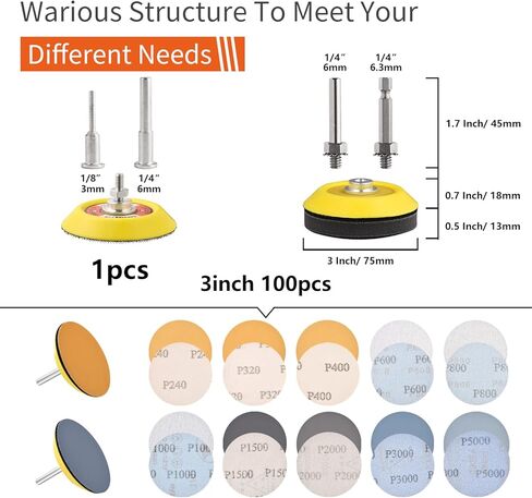 98Pack 3 Inch Car Buffer Polisher Kit with 5/16" & 1/4" Shanks for Sanding, Polishing, Waxing, Sealing Glaze,Sanding Pads includes P1000-3000 for Drill Attachment in Kuwait