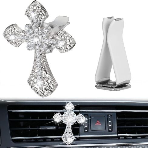 Friendaa bling Car Air Vent Clip Crystal Cross Cross Open Air Complementer Outlet Vent Vent Charm Car Bling Association for Women Wheels Interior Decoration (Silver) in Kuwait