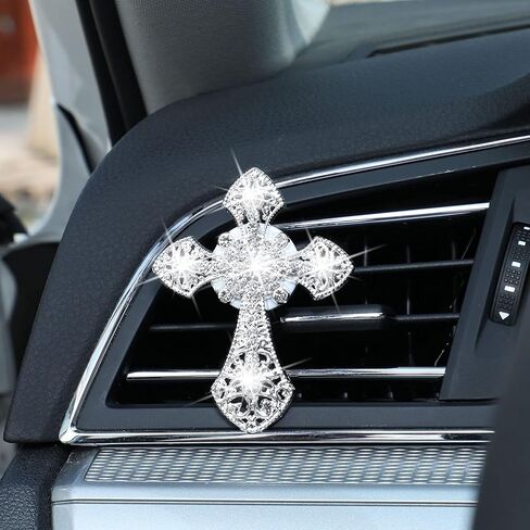 Friendaa bling Car Air Vent Clip Crystal Cross Cross Open Air Complementer Outlet Vent Vent Charm Car Bling Association for Women Wheels Interior Decoration (Silver) in Kuwait