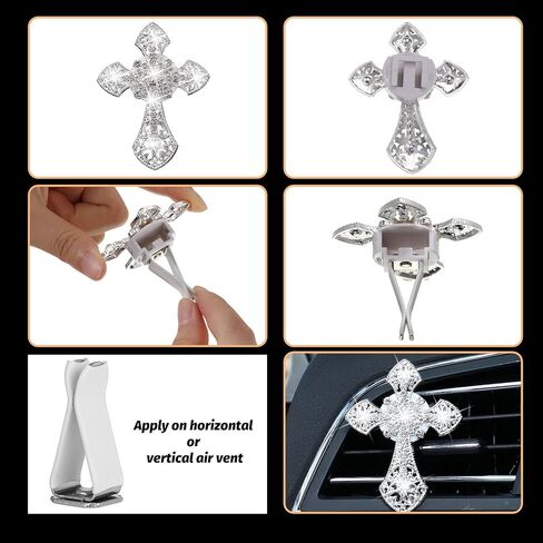 Friendaa bling Car Air Vent Clip Crystal Cross Cross Open Air Complementer Outlet Vent Vent Charm Car Bling Association for Women Wheels Interior Decoration (Silver) in Kuwait