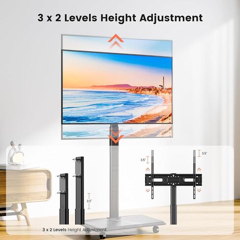 حامل تلفزيون متنقل لشاشات تلفزيون LCD مسطحة/منحنية مقاس 23-60 بوصة، وعربة تلفزيون قابلة للإمالة تحمل ما يصل إلى 55 رطلًا حامل محمول مع رف كمبيوتر محمول وأرضية متدحرجة بحد أقصى 400 × 400 مم in Saudi Arabia
