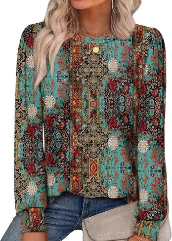 قمصان Alaroo Womens Long Sleeve 2025 Tunic Tops Tops Crewneck Blouses Print in Kuwait