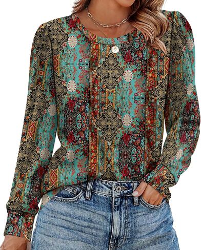 قمصان Alaroo Womens Long Sleeve 2025 Tunic Tops Tops Crewneck Blouses Print in Kuwait