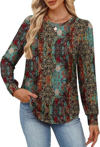 قمصان Alaroo Womens Long Sleeve 2025 Tunic Tops Tops Crewneck Blouses Print in Kuwait